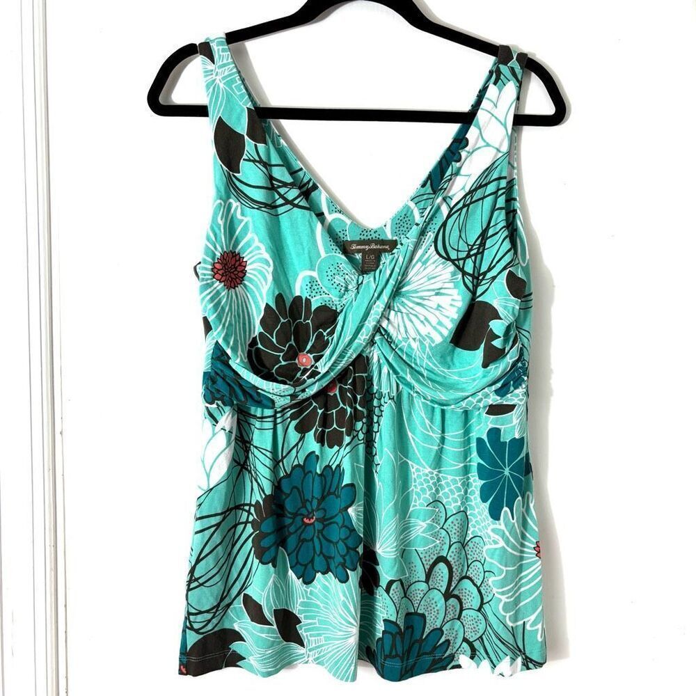 Tommy Bahama L soft double V-neck aqua multi modern floral top